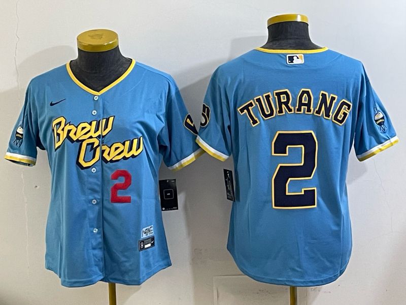 Women 2025 Milwaukee Brewers #2 Turang Light blue City Edition Nike MLB Jersey 08->women mlb jersey->Women Jersey